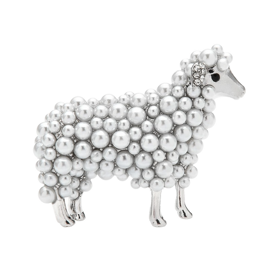 White Faux Pearl Sheep Brooch Pin Rhinestone Crystal Ewe Animal Jewelry Gift