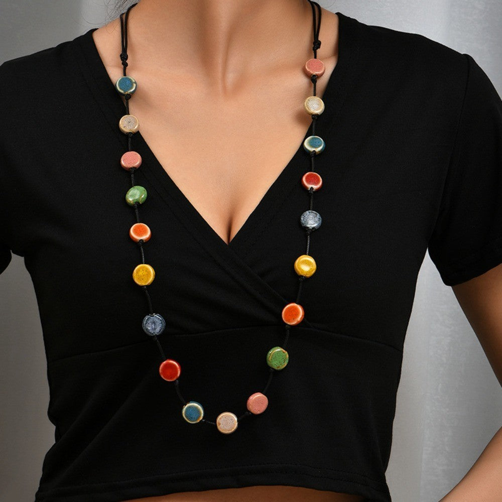 Long Colorful Ceramic Bead Necklace Black Cord Artisan Boho Style