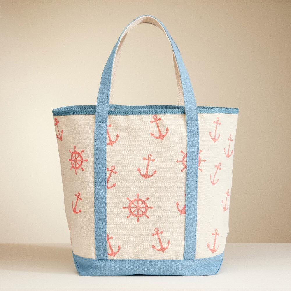 Anchor Wheel Printed Canvas Tote Bag Nautical Beach Travel Shoulder Handbag