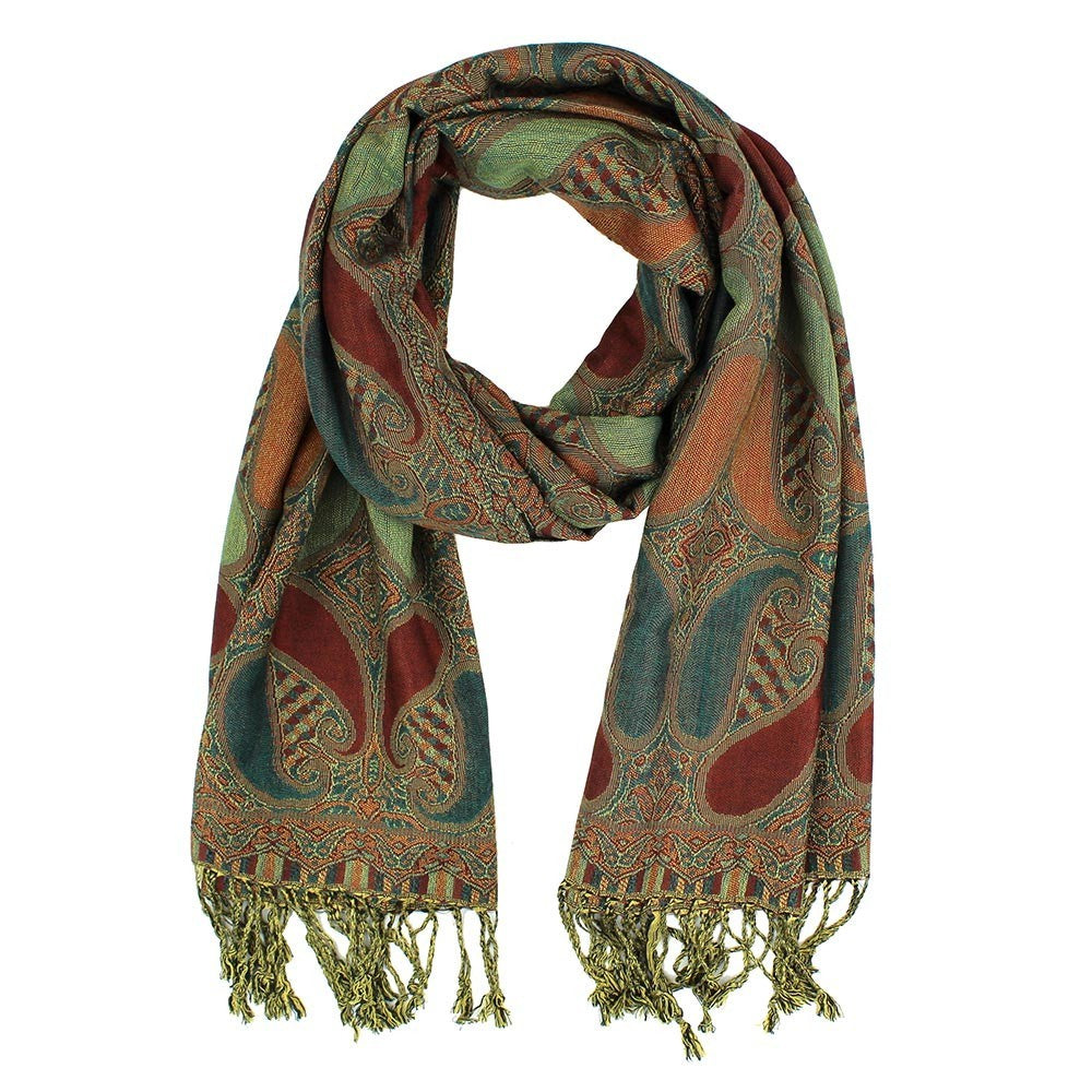 2-Piece Set: Oversized Teal & Brown Paisley Pashmina Scarf Shawl Wrap Gift