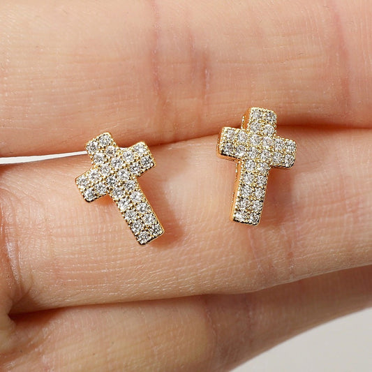 Dainty Gold Plated Pave Crystal Cross Stud Earrings for Women and Girls