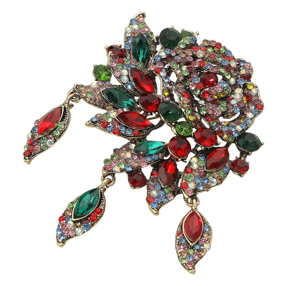 Gold Tone Multicolor Rhinestone Embellished Rose Flower Pin Brooch for Women