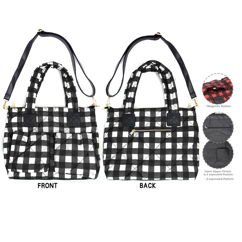 Buffalo Check Puffer Tote Bag Women’s Large Quilted Shoulder Handbag for Ladies