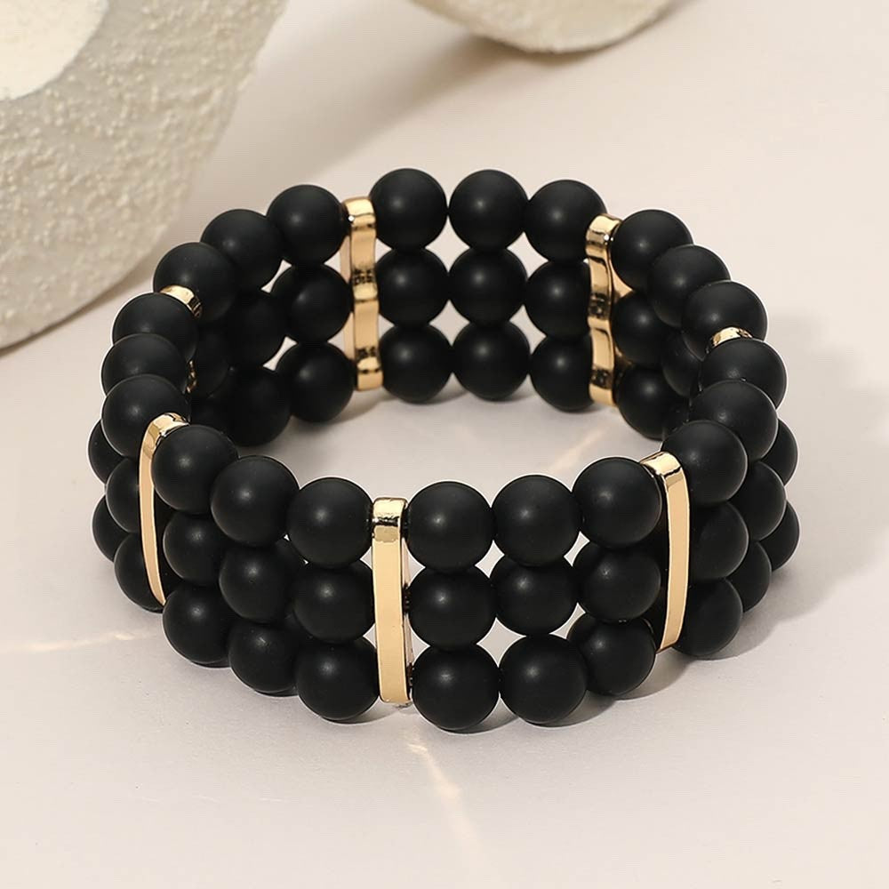 Matte Black Beaded Triple Row Stretch Bracelet - Bold Gold-Tone Cuff Jewelry