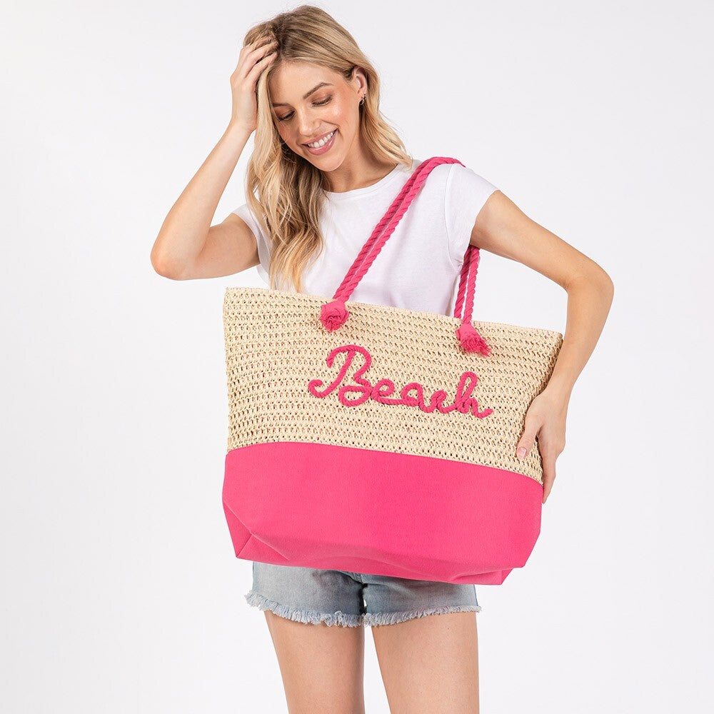 BEACH Embroidered Crochet Tote Bag with Rope Handles Summer Beach Bag Pink