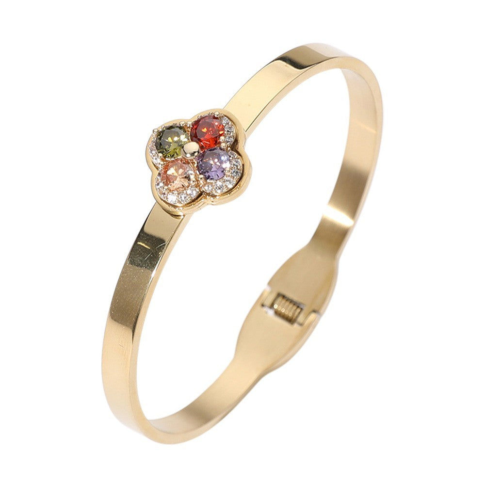 Gold Tone Stainless Steel CZ Stone Quatrefoil Hinged Bangle Bracelet for Women