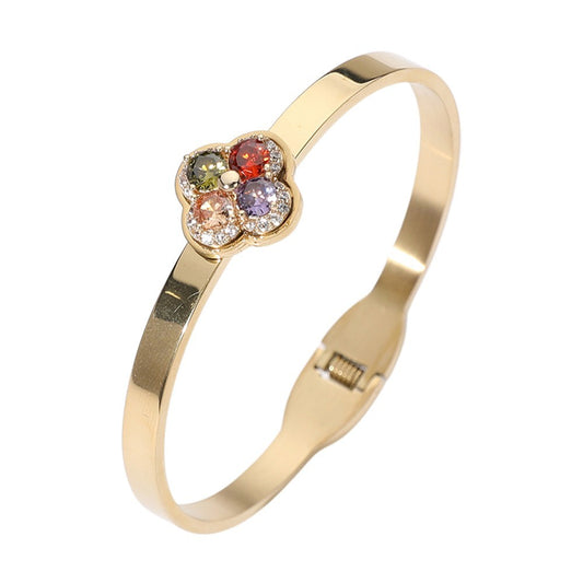 Gold Tone Stainless Steel CZ Stone Quatrefoil Hinged Bangle Bracelet for Women