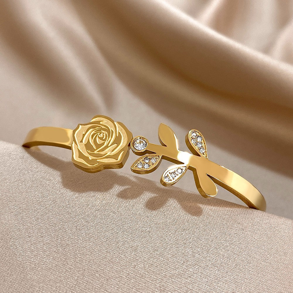 Gold Rose Leaf Bangle Bracelet Hinged Cuff Crystal Rhinestone Jewelry