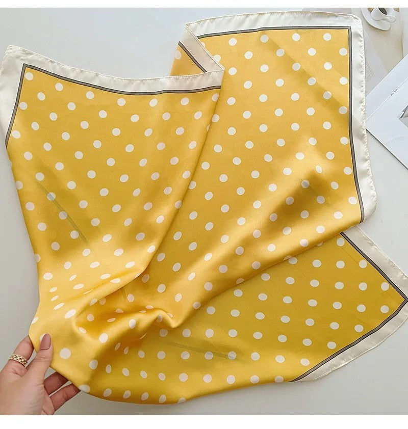2pcs Polka Dot Silk Feel Square Neck Scarf Yellow Black Hair Head Wrap Set