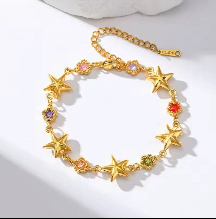 Gold Star Charm Bracelet with Multicolor Gemstones Adjustable Stainless Steel Ch