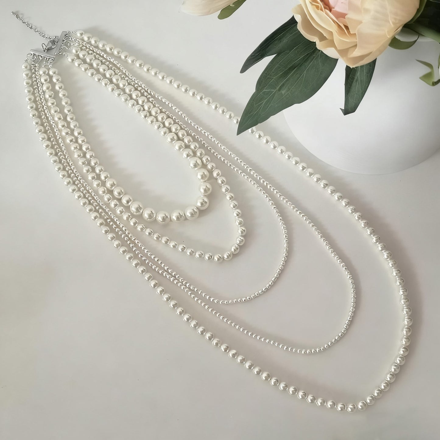 Multi Layer White Faux Pearl Statement Necklace Long Beaded Strand Wedding