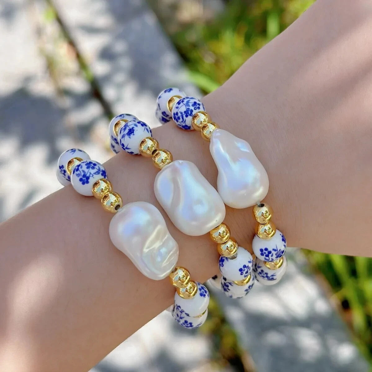Imitation Baroque Pearl Elastic Bracelet Blue White Porcelain Beaded Jewelry