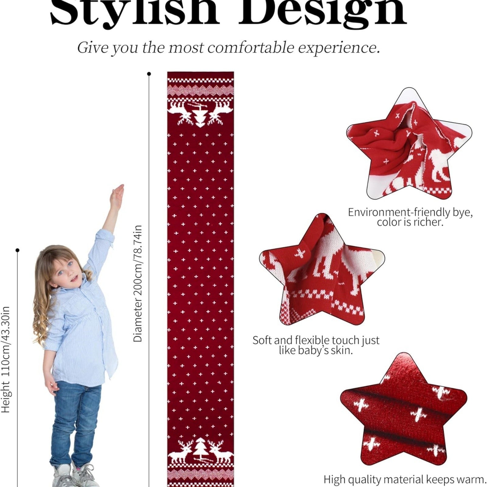 2PCS Knitted Christmas Scarf Set Red & Teal Green Reindeer Fair Isle Winter