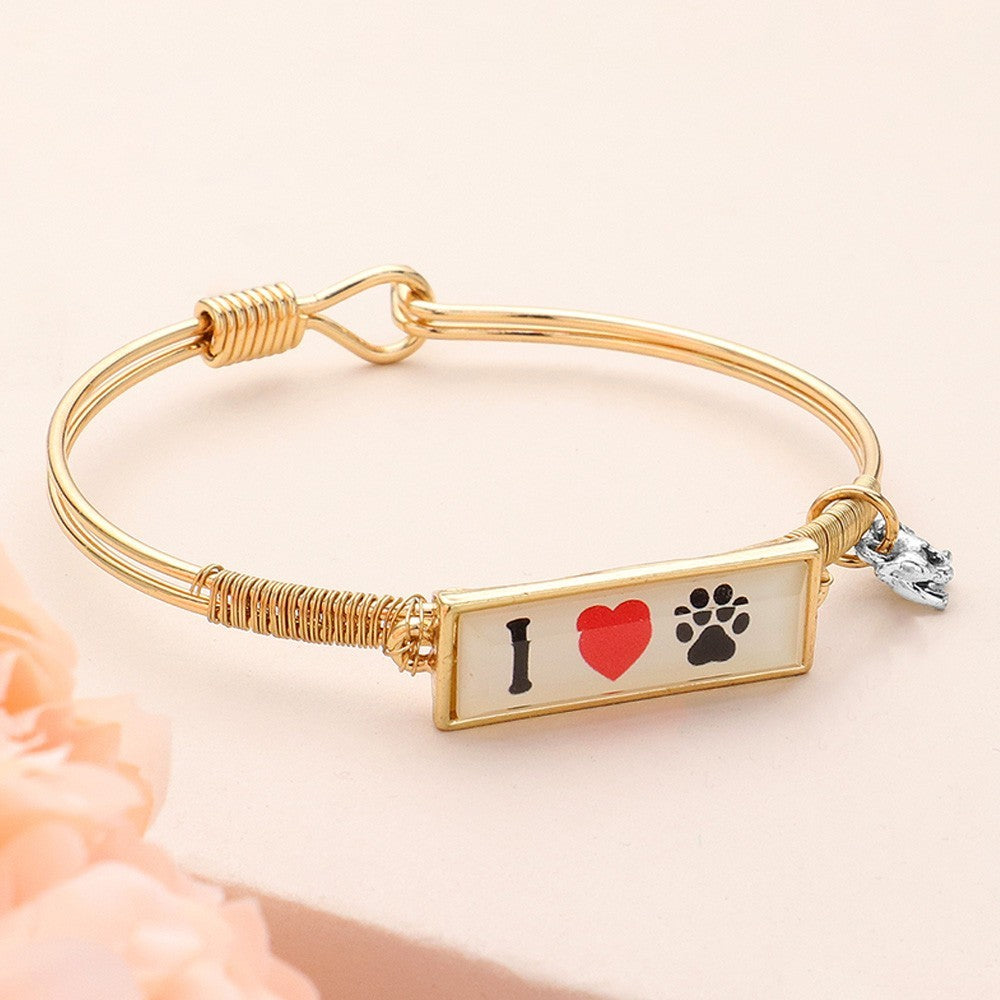 2pcs Gold Tone "I Heart Paw Print" Bangle Bracelet Pet Dog Cat Lover Gift