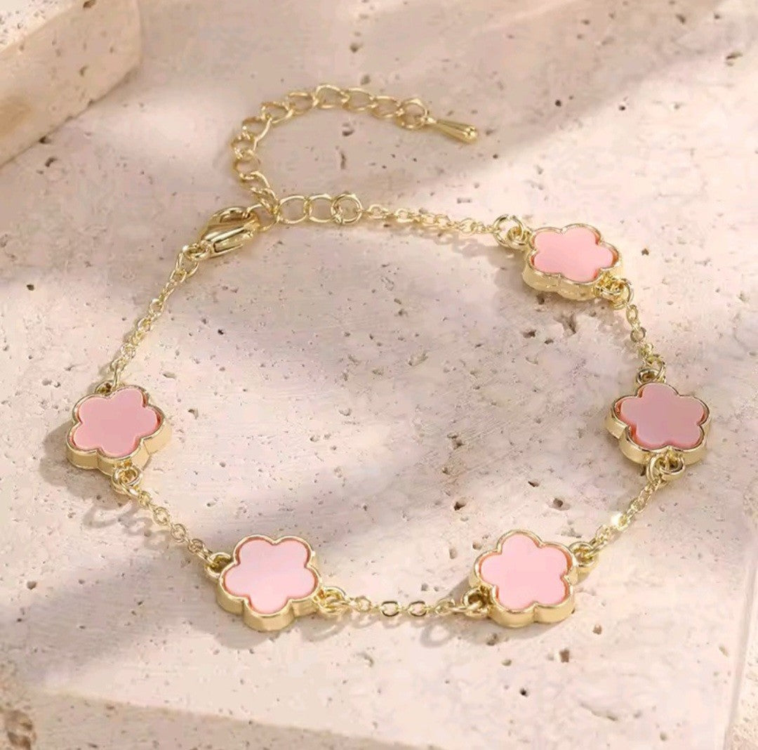 Pink Mother of Pearl Quatrefoil Station Bracelet for Women Gold Tone Chain