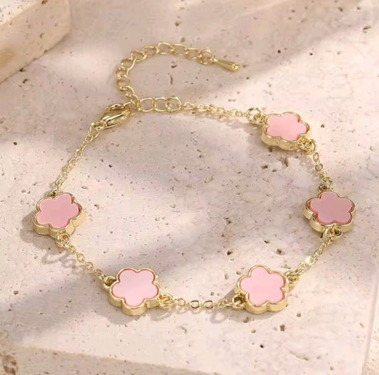 Pink Mother of Pearl Quatrefoil Station Bracelet for Women Gold Tone Chain