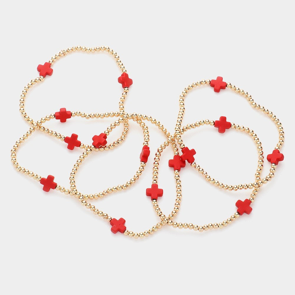 5PCS Red Faceted Beaded Stretch Bracelets Gold Bubble Flower Accented Jewelry