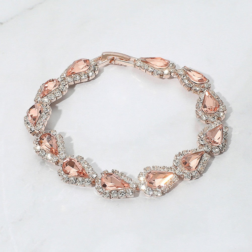 Rose Gold Tone Pink Teardrop Crystal Tennis Bracelet Bridal Prom Jewelry 7.25"