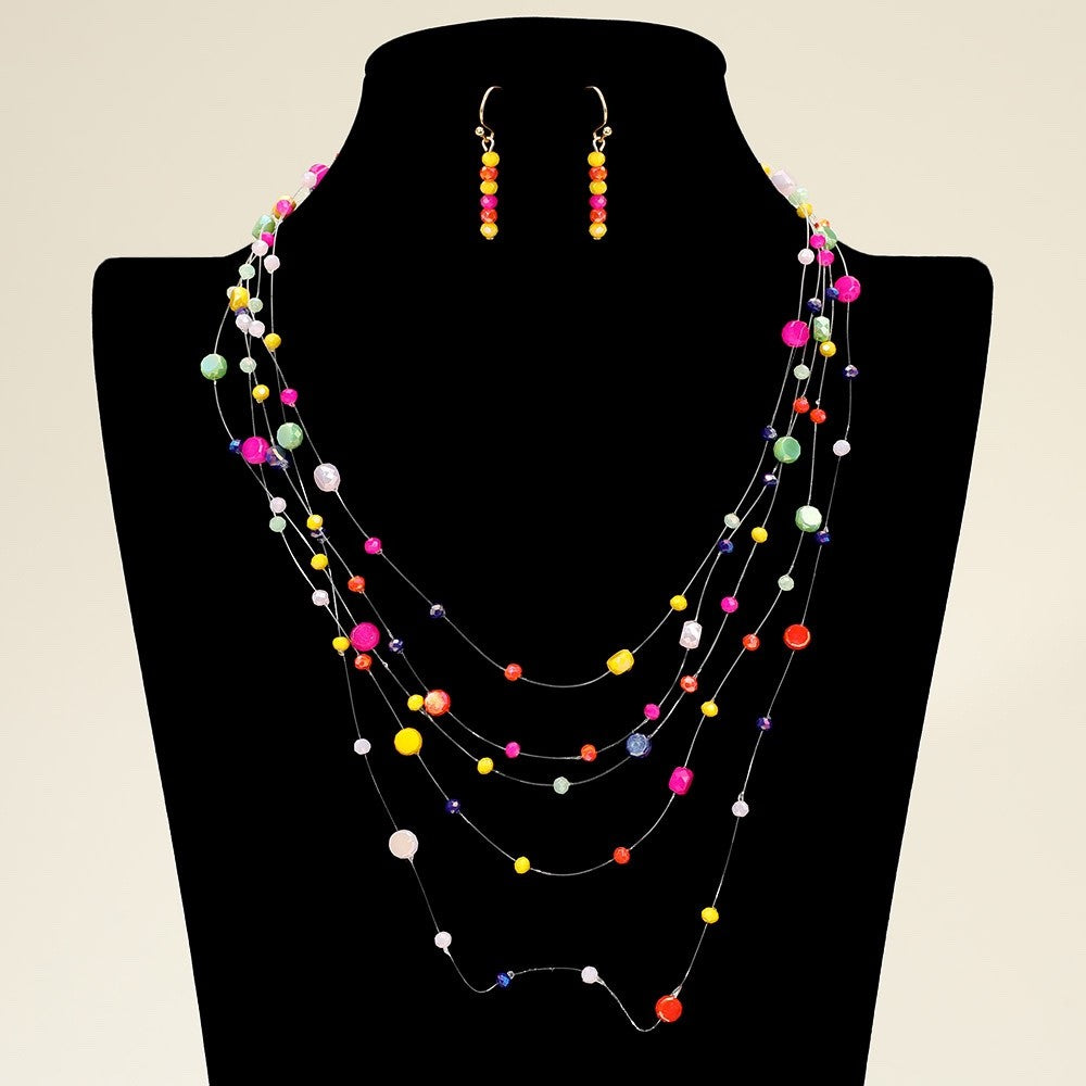 Colorful Multi Strand Seed Bead Illusion Necklace and Earring Set