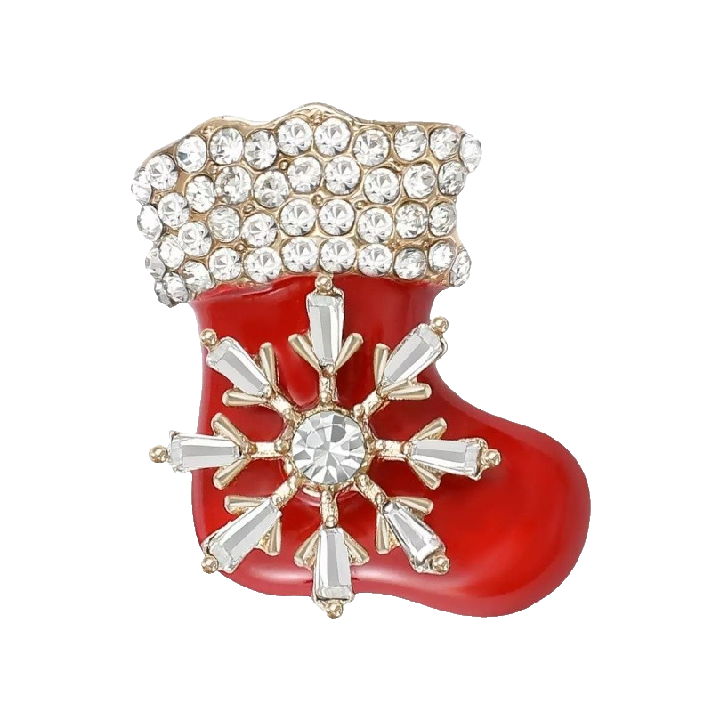 2pc Christmas Stocking Brooch Pin Set Rhinestone Crystal Snowflake Green Red