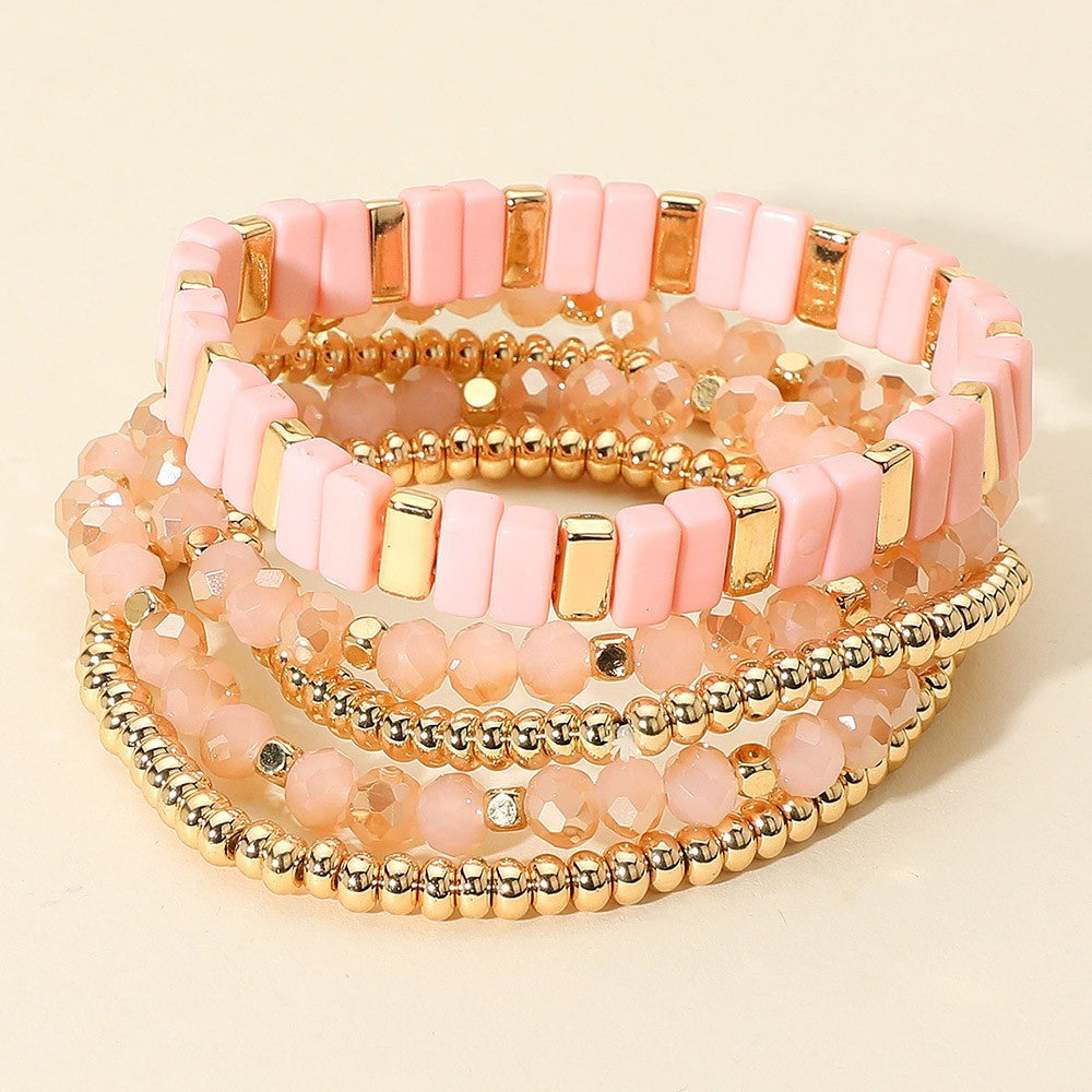 Women’s 5PCS Pink and Gold Beaded Stretch Bracelet Set Multi Layered Jewelry