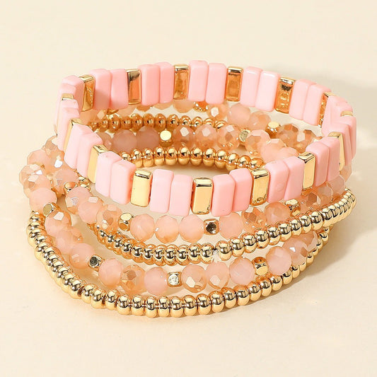 Women’s 5PCS Pink and Gold Beaded Stretch Bracelet Set Multi Layered Jewelry