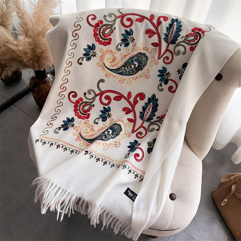 3pcs Embroidered Cashmere Pashmina Shawl Scarf Set Black Cream Red