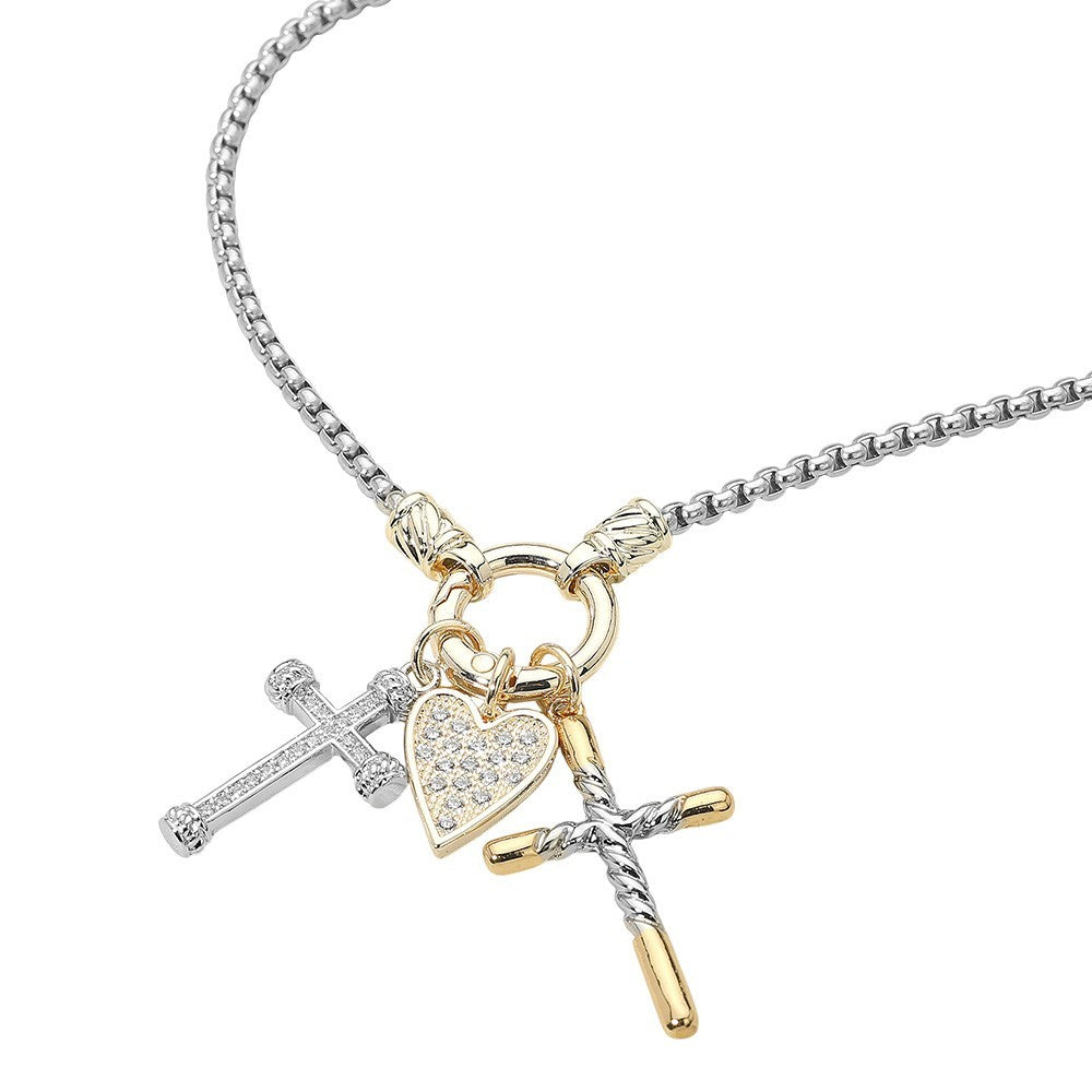 Two-Tone Pave Heart & Cross Charm Necklace Silver Gold Box Chain