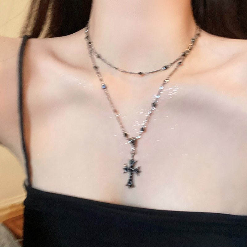 Black Cross Necklace with Beaded Chain for Women Gothic Vintage Jewelry Gift
