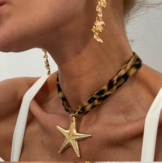 Animal Print Fabric Necklace Gold Tone Star Pendant Statement Jewelry for Women