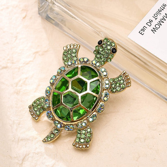 Cute Green Turtle Rhinestone Brooch Pin for Women Crystal Animal Jewelry Gift