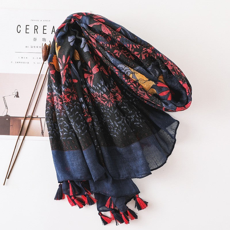 Boho Floral Scarf Shawl Wrap Navy Red Yellow Tassel Lightweight Beach Shawl