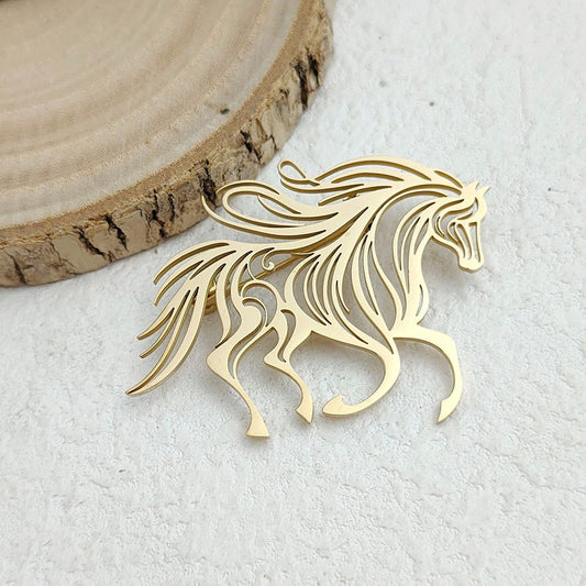 Gold Running Horse Stainless Steel Brooch Pin Equestrian Animal Jewelry Gift