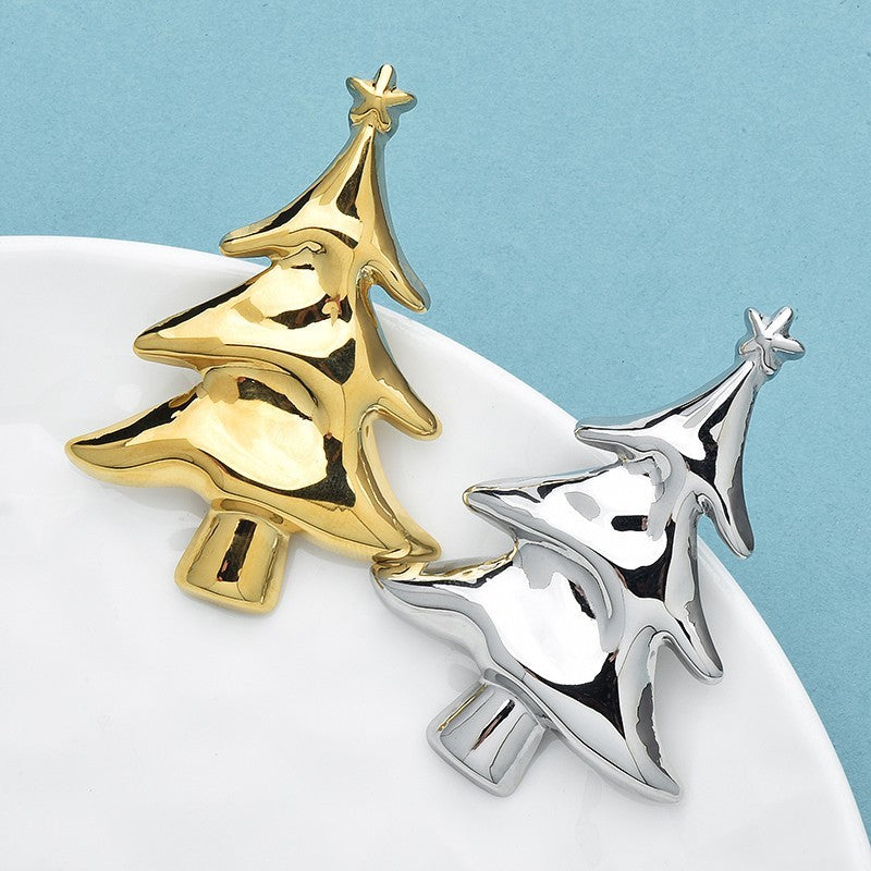 2PC Christmas Tree Brooch Pin Set Stainless Steel Gold/Silver Plated Holiday Pin