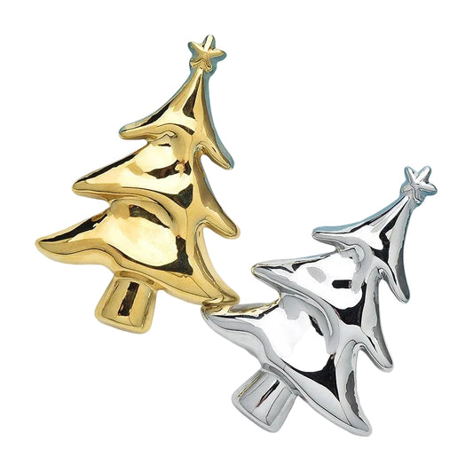 2PC Christmas Tree Brooch Pin Set Stainless Steel Gold/Silver Plated Holiday Pin
