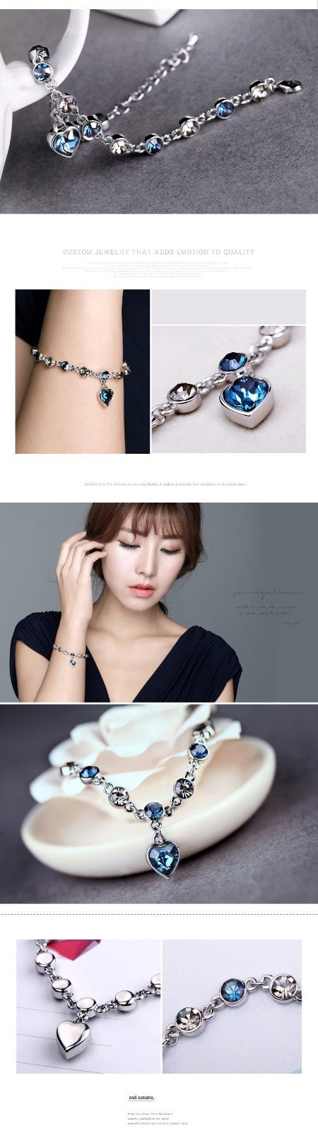 Fashion Bracelet For Women With Blue Heart Charm And Silver Tone Chain