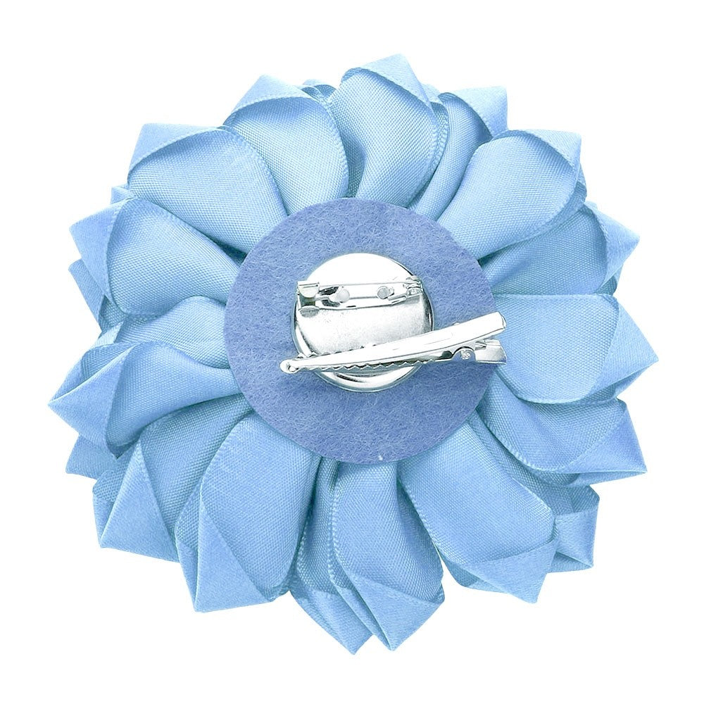 Large Pink and Blue Fabric Flower Brooch Pearl Rhinestone Center Hair Clip Pin