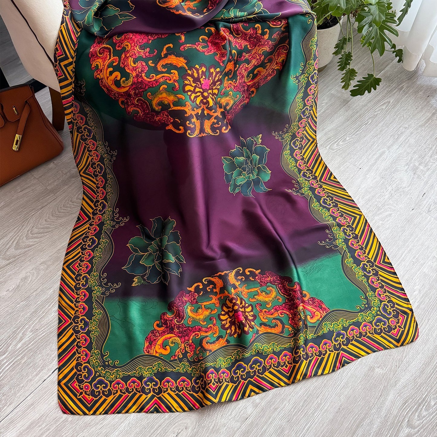 Colorful Floral Silky Feel Wrap Scarf Easy-Care Large Stole Shawl