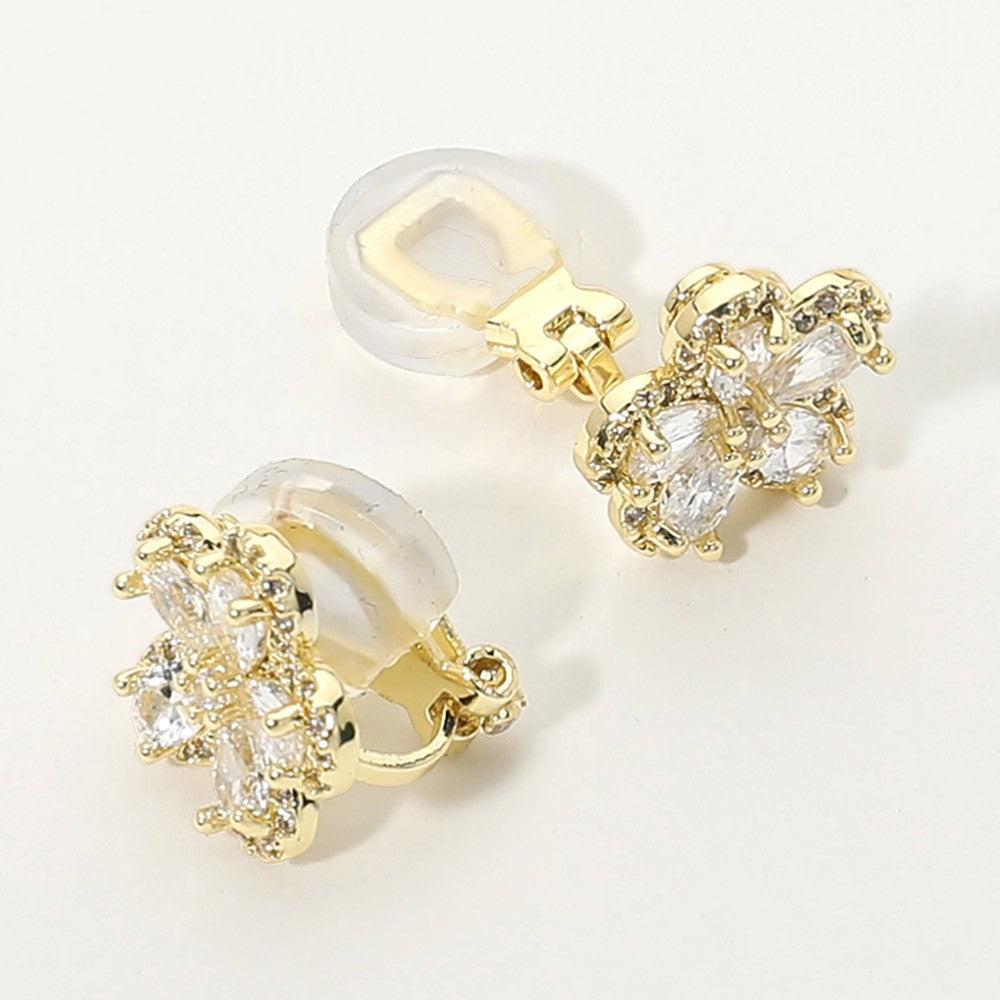 Gold Tone Cubic Zirconia Flower Cluster Clip On Earrings for Non Pierced Ears
