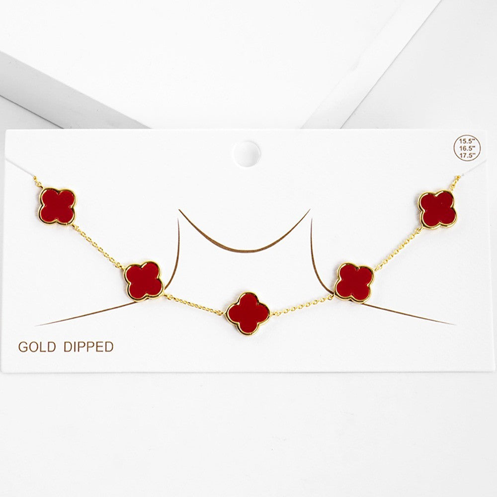 Gold Dipped Red Quatrefoil Station Necklace for Women Elegant Enamel Clover Chai