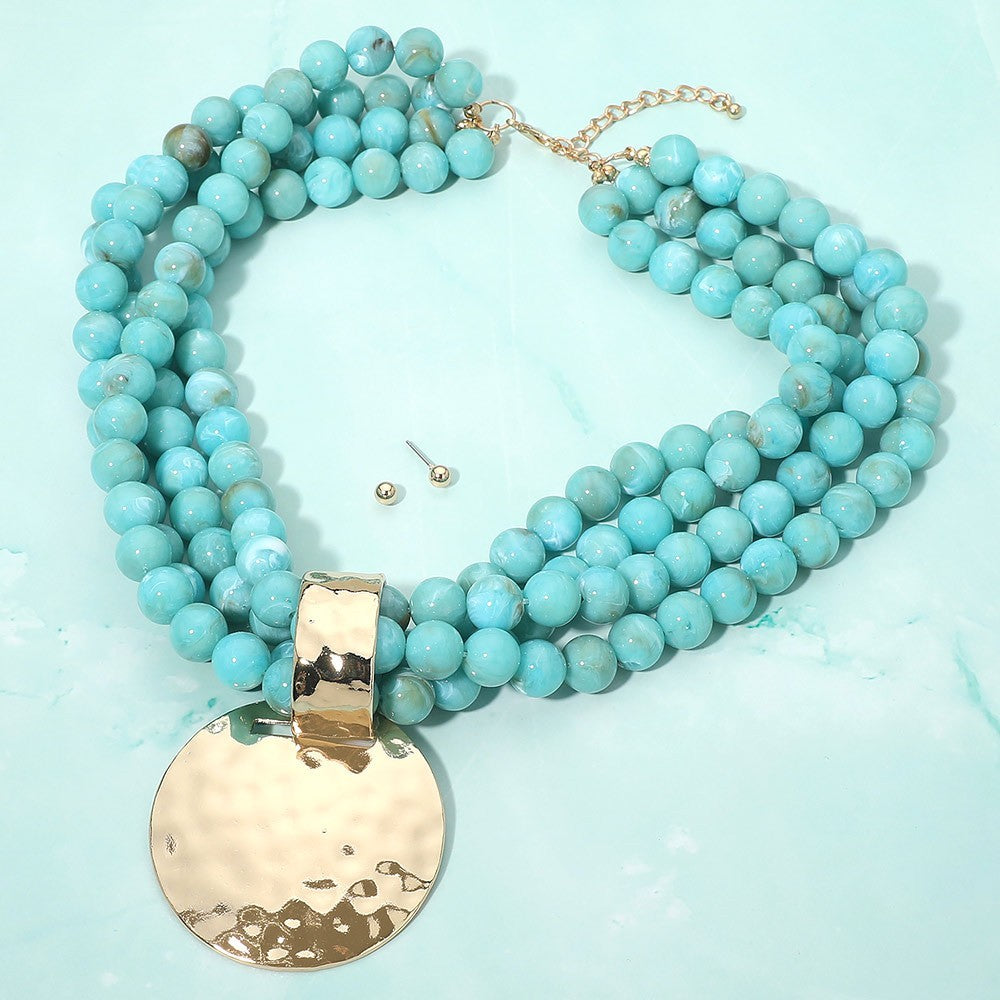 Turquoise Multi Strand Beaded Statement Necklace Hammered Gold Pendant Set