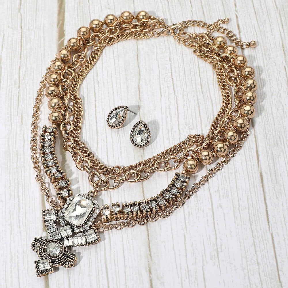 2pcs Gold-Tone Statement Jewelry Set Rhinestone Pendant Necklace & Stud Earrings