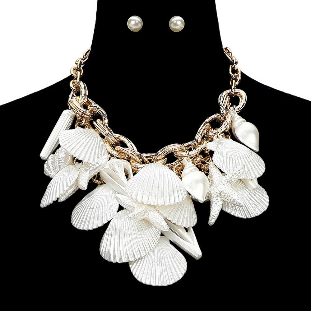 2pcs Gold Layered White Cowrie Shell Necklace with Crystal Enamel Earring Set