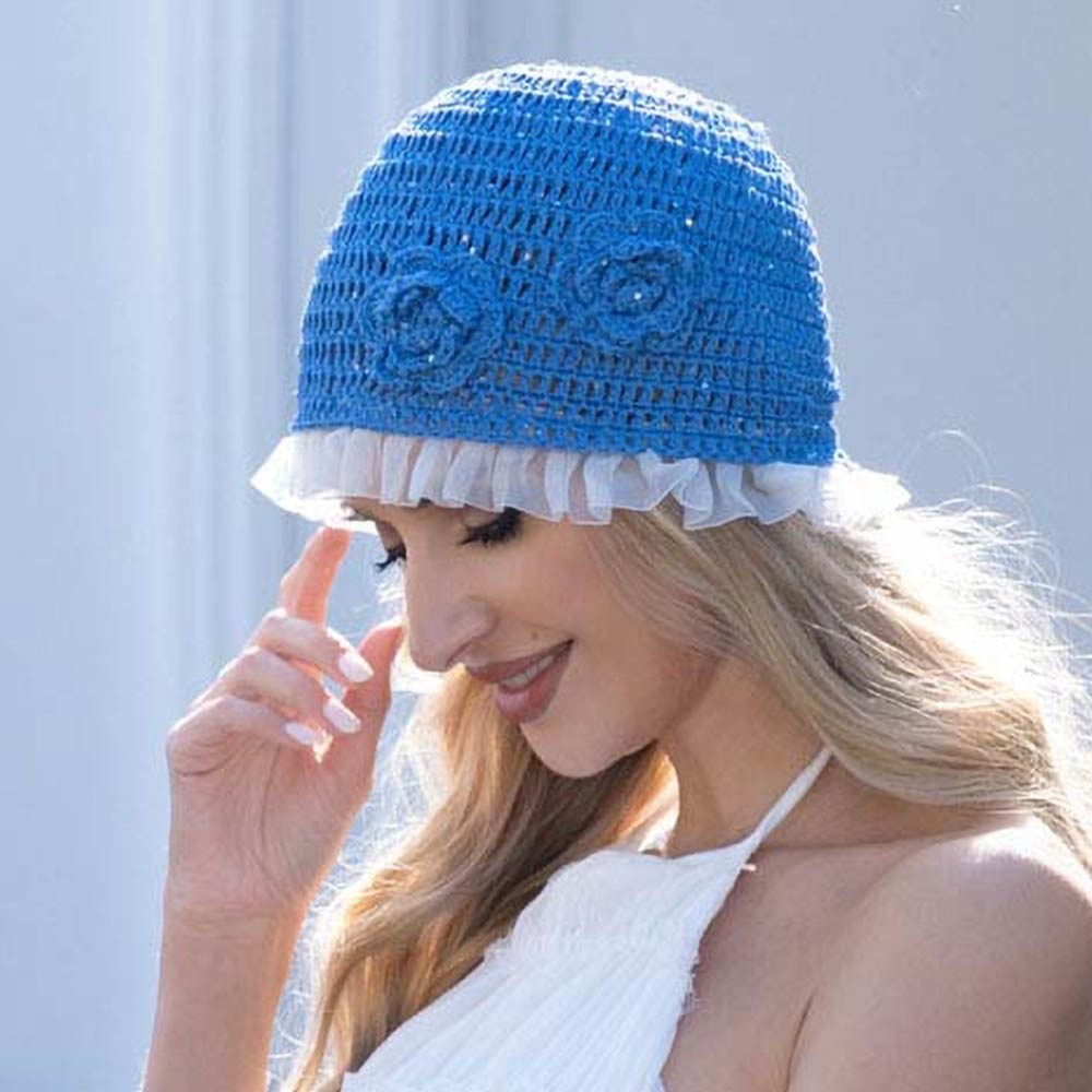 Blue Crocheted Beanie Hat with Ruffle Trim and Floral Accent - Spring Fashion