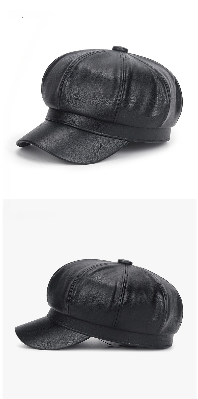 Black Faux Leather Newsboy Cap Baker Boy Hat Cabbie Flat Gatsby Driving Style