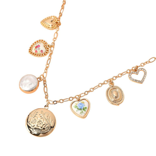 Women's Heart Charm Station Necklace Metal Locket Pearl Bezel Ceramic Floral