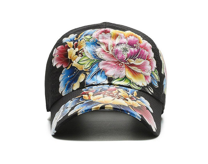 Vibrant Floral Peony Baseball Cap Black Perforated Mesh Breathable Adjustable