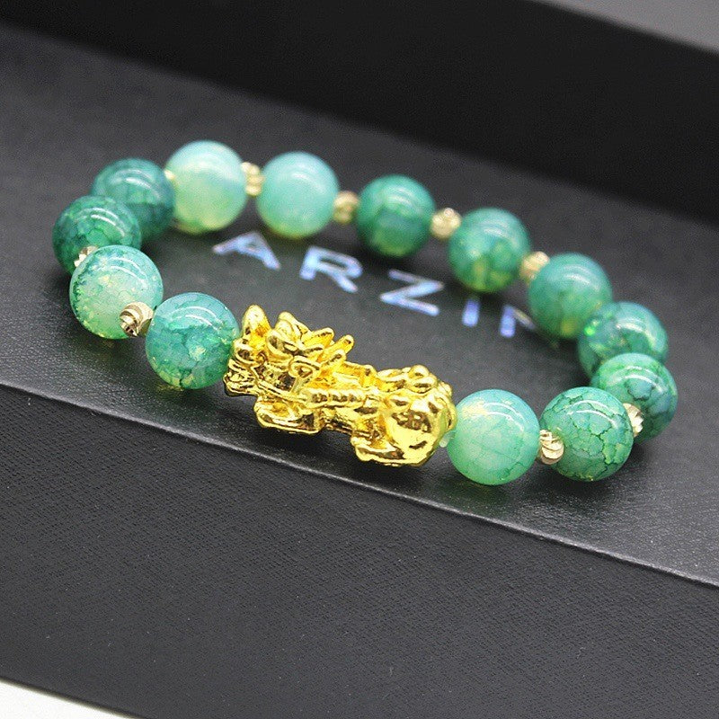 Golden Pixiu Green Agate Beaded Bracelet Charm Feng Shui Jewelry 10mm
