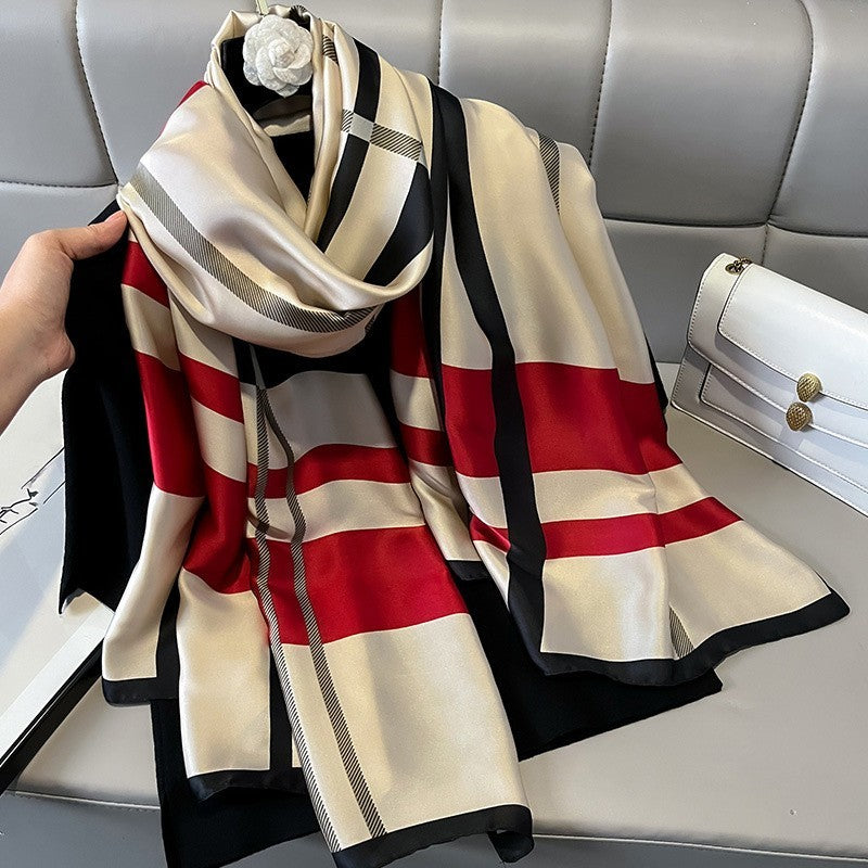 Silk Feel Beige Red Black Plaid Scarf Shawl Wrap | Women’s Satin Check Print