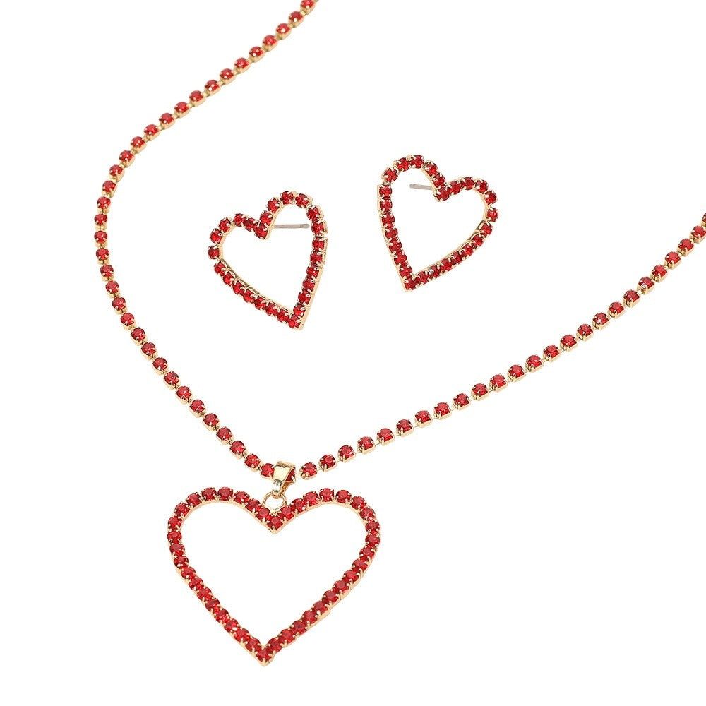 2pcs Radiant Red Heart Rhinestone Pendant Necklace and Stud Earring Jewelry Set